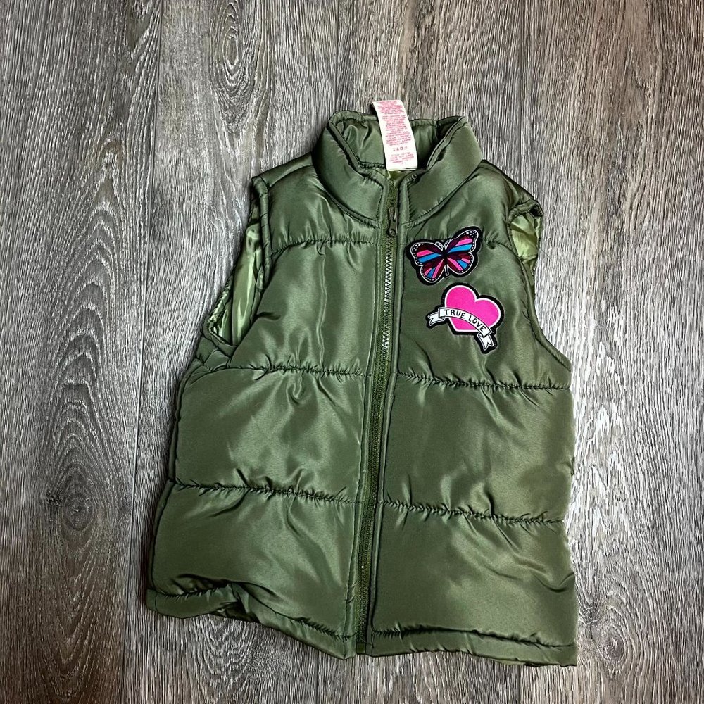 Faded Glory Puffer Vest Size 6 Green Butterfly Heart